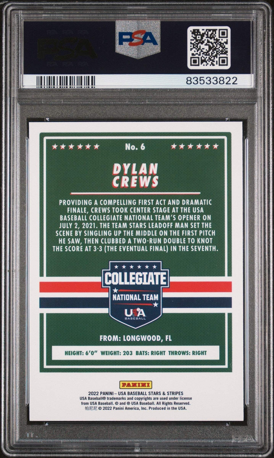 Graded 2021 Stars & Stripes USA Dylan Crews #6 Longevity Base RC Card PSA 10