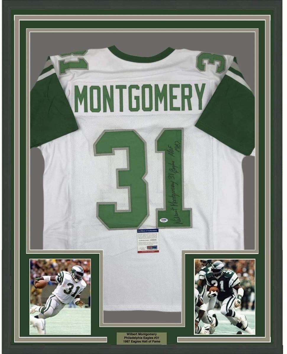 Framed Autographed/Signed Wilbert Montgomery 33x42 White Jersey PSA/DNA COA