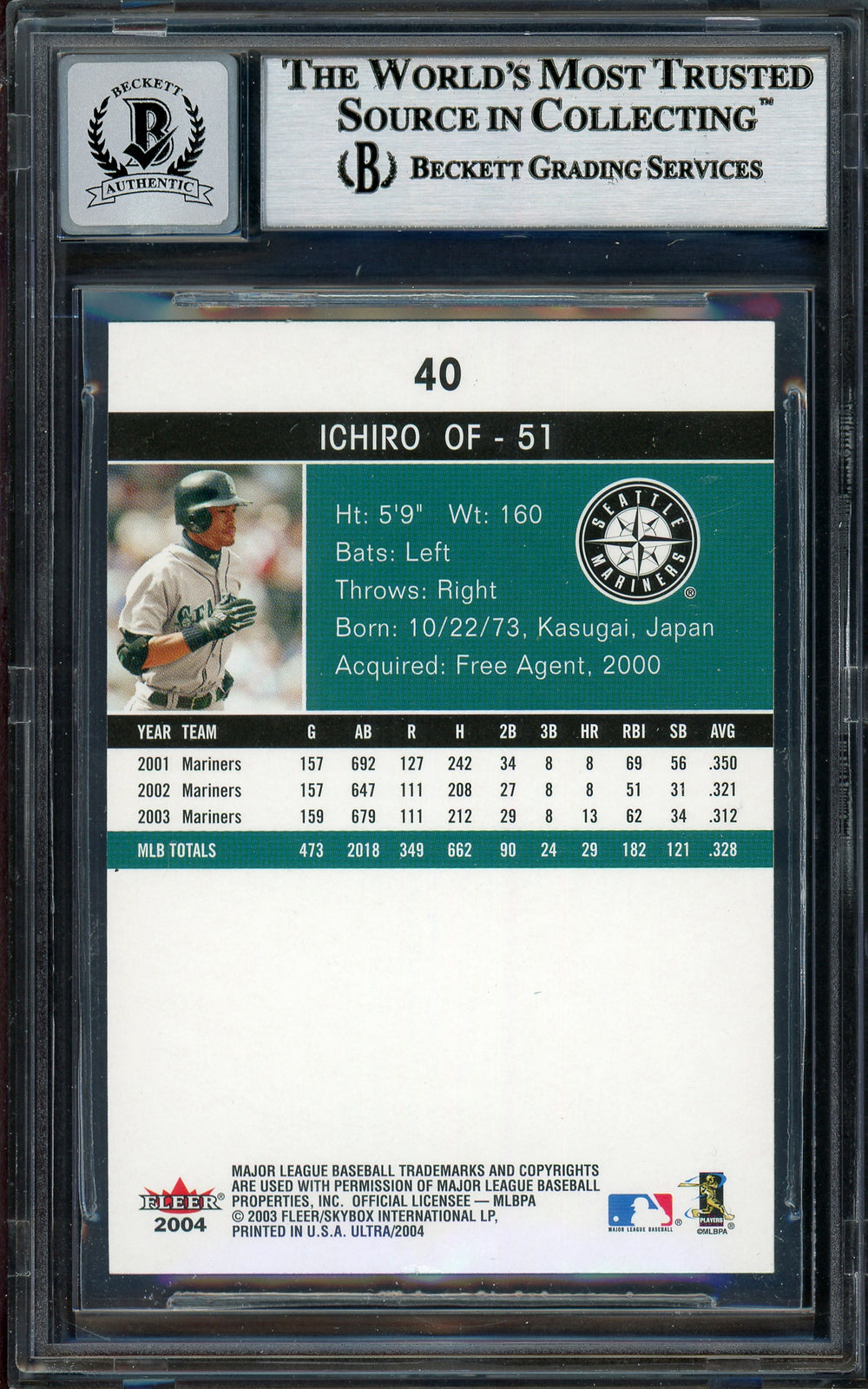 Ichiro Suzuki Auto Signed 2004 Fleer Ultra Card 40 Mariners Auto GM 10 Beckett