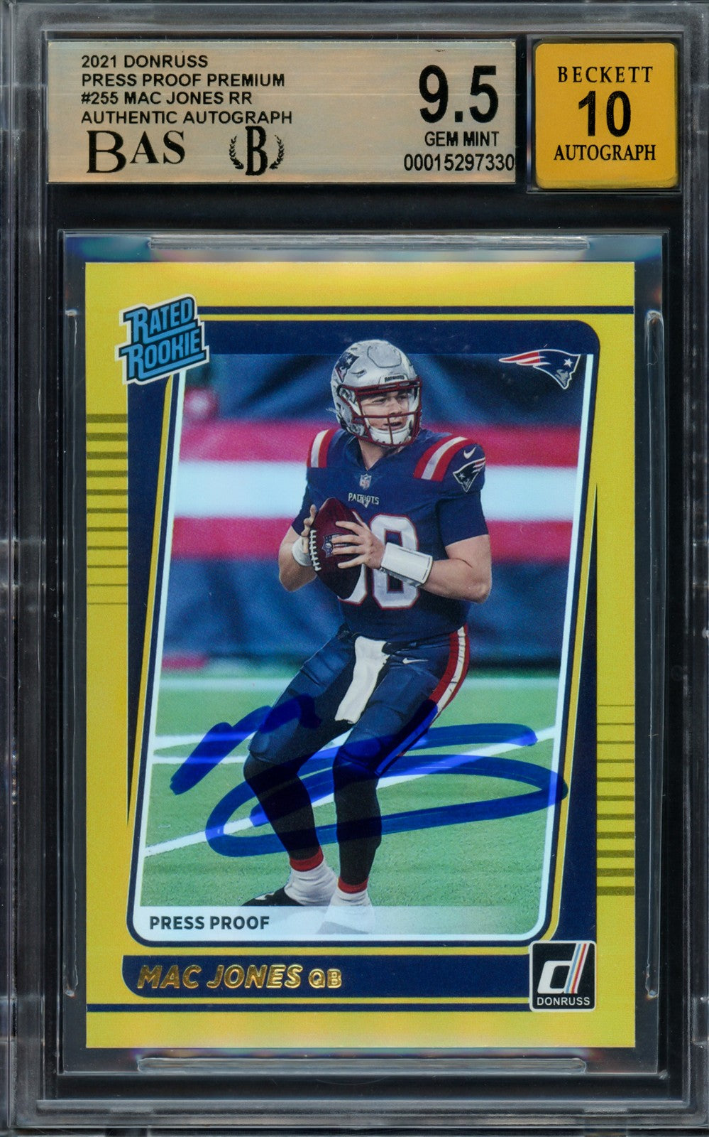 Mac Jones Signed 2021 Donruss Gold Press Proof Premium RC 255 BGS 9.5 Sig 10 BAS