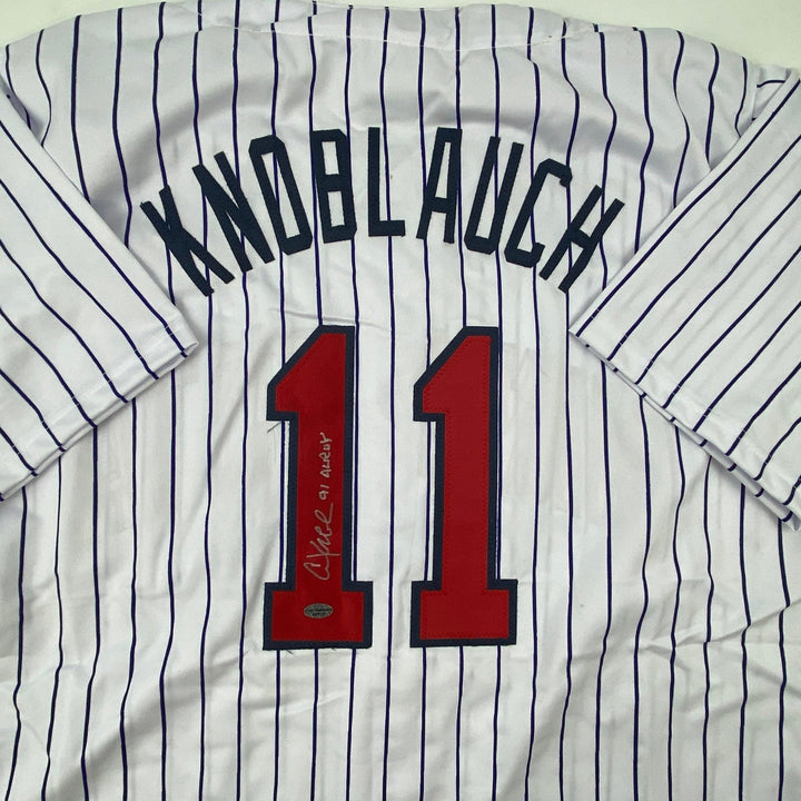 Autographed/Signed Chuck Knoblauch Minnesota Pinstripe Jersey Leaf COA