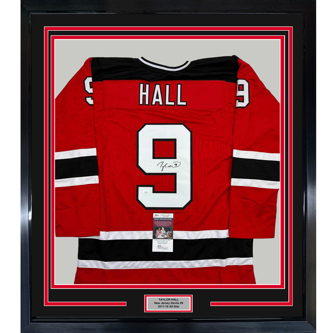 Framed Autographed/Signed Taylor Hall 35x39 New Jersey Red Hockey Jersey JSA COA