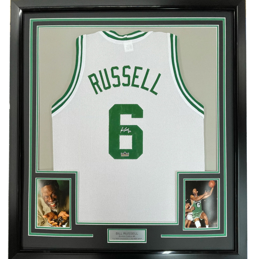 Framed Facsimile Autographed Bill Russell 33x42 White Reprint Laser Auto Jersey