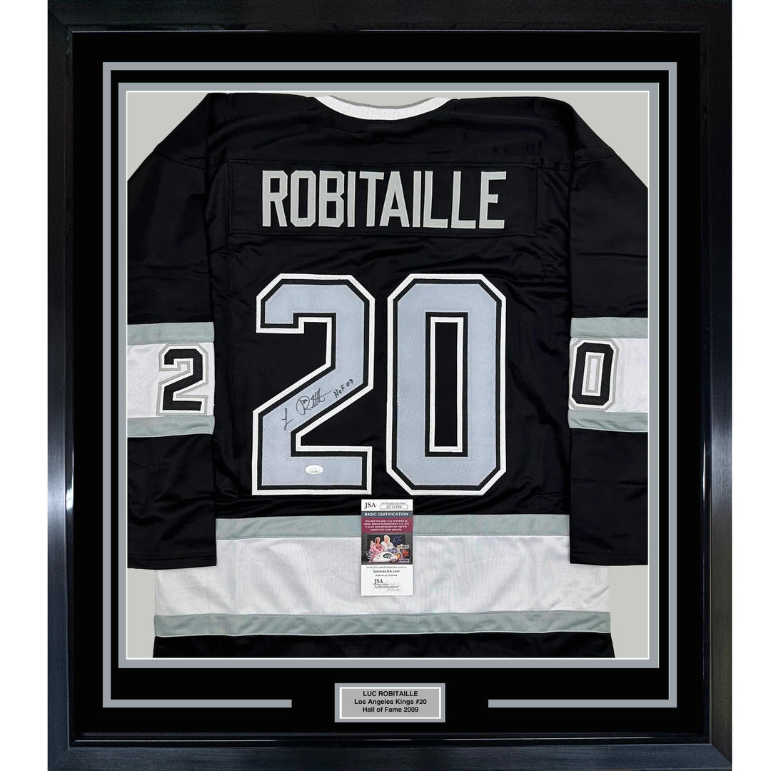 Framed Autographed/Signed Luc Robitaille HOF 09 35x39 LA Black Jersey JSA COA