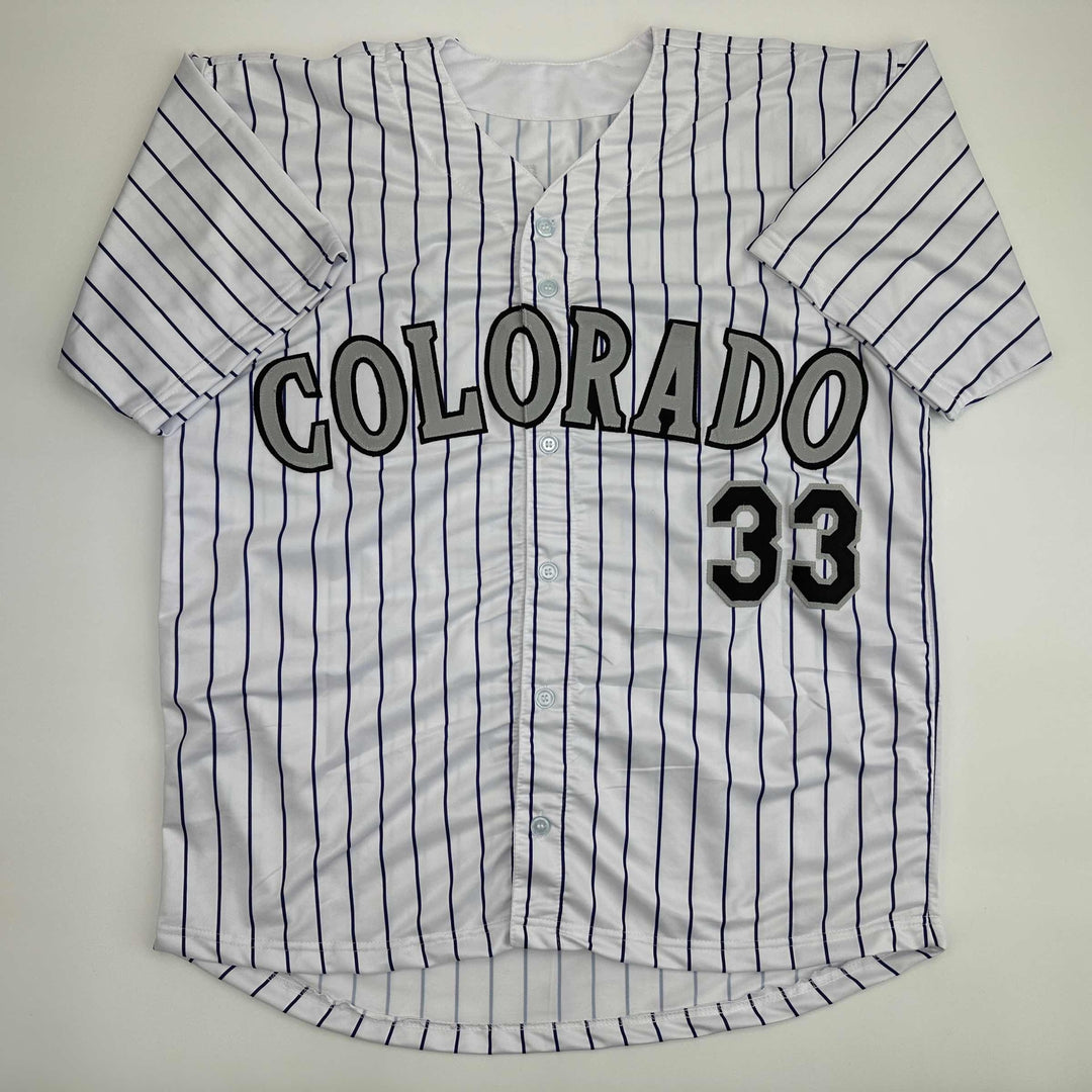 Facsimile Autographed Larry Walker Colorado Pinstripe Reprint Jersey Men's XL