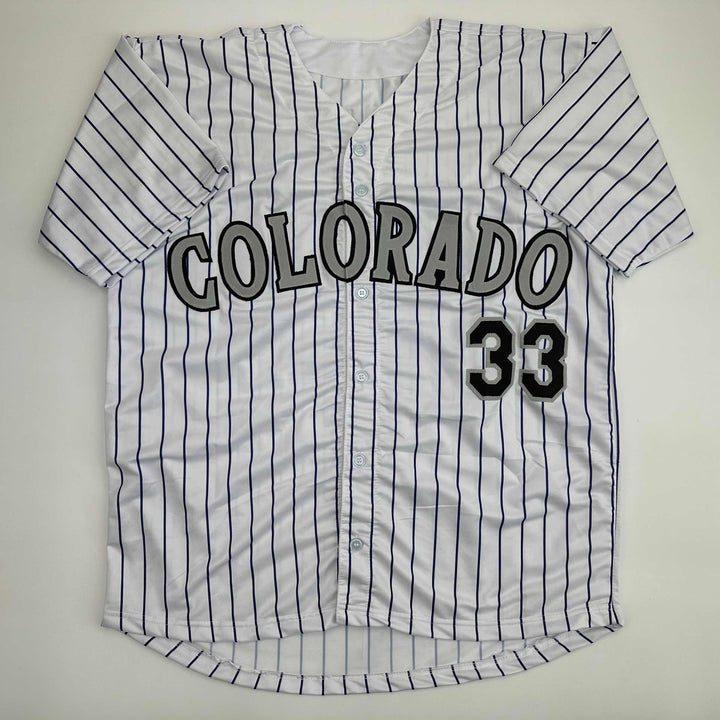 Facsimile Autographed Larry Walker Colorado Pinstripe Reprint Jersey Men's XL