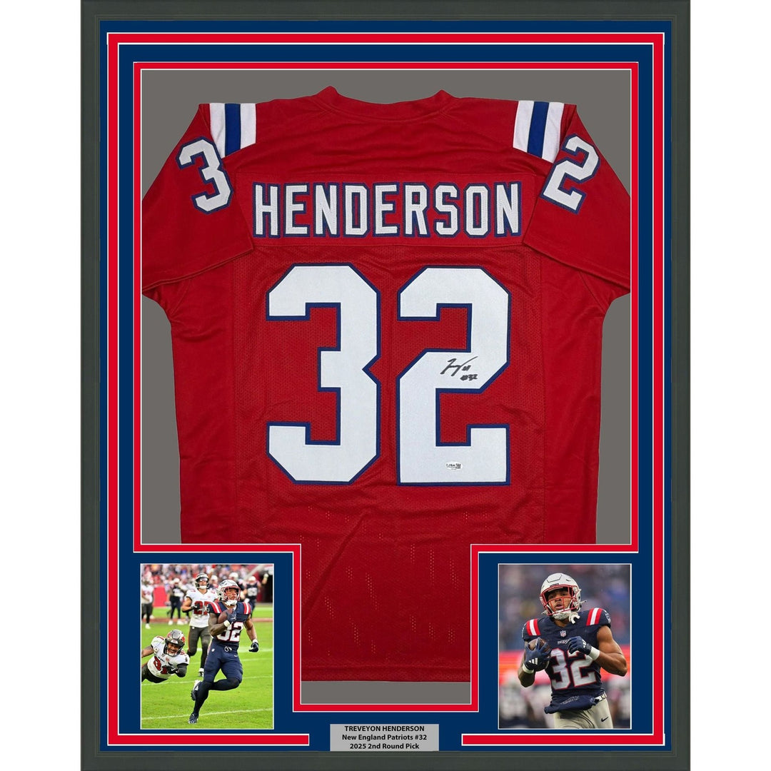 Framed Autographed/Signed TreVeyon Henderson 35x39 NE Red Jersey JSA COA