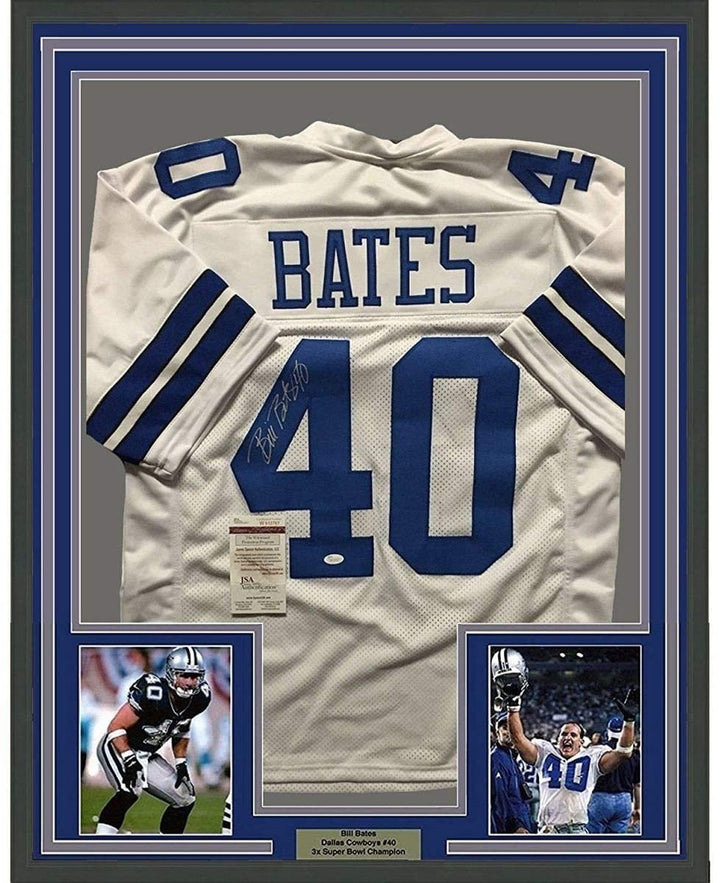 Framed Autographed/Signed Bill Bates 35x39 Dallas White Jersey JSA COA
