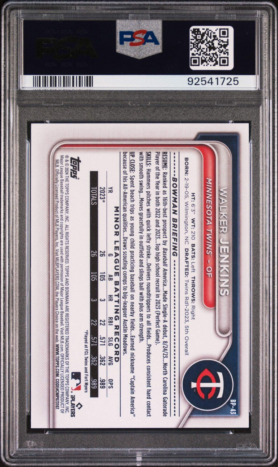 Graded 2024 Bowman Walker Jenkins #BP43 Paper Prospects RC Baseball Card PSA 10