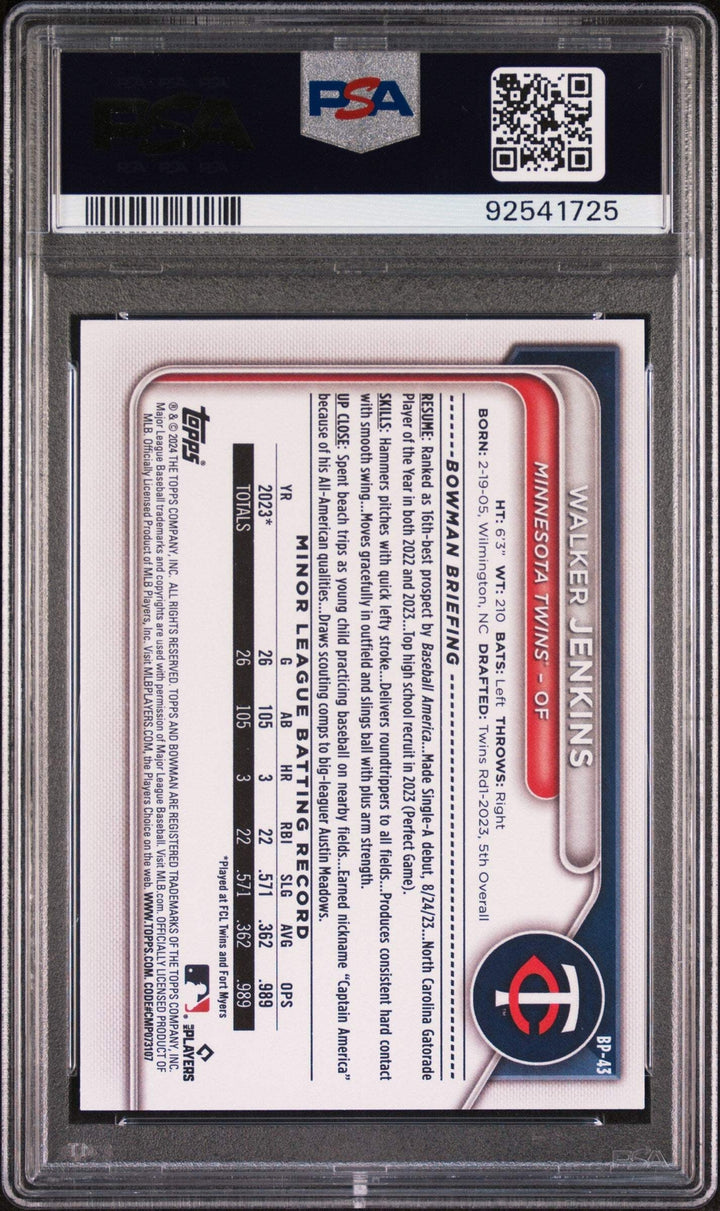 Graded 2024 Bowman Walker Jenkins #BP43 Paper Prospects RC Baseball Card PSA 10