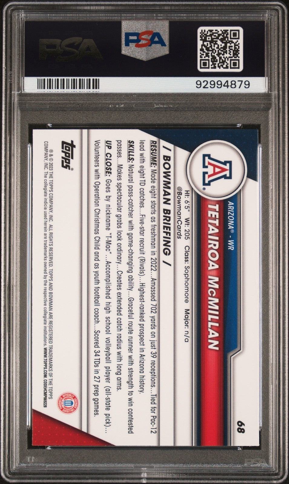 Graded 2023 Topps Bowman U Sapphire Tetairoa McMillan #68 Card PSA 10