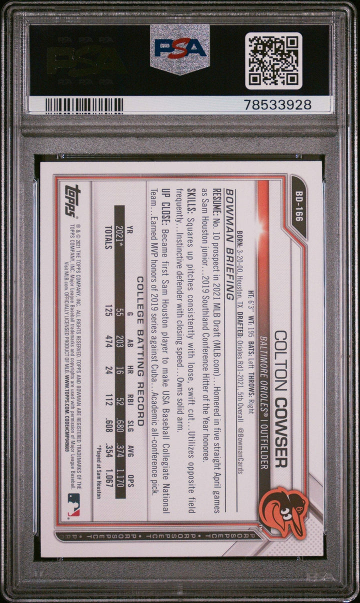 Graded 2021 Topps Bowman Draft Colton Cowser #BD166 Rookie Baseball Card PSA 10