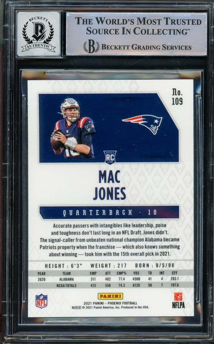 Mac Jones Auto 2021 Panini Phoenix Fire Burst RC 109 Patriots Auto GM 10 Beckett