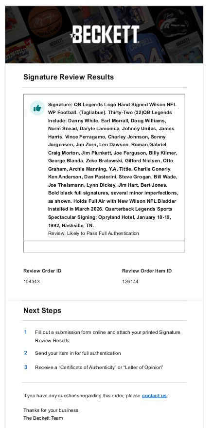 Quarterback  Legends signed Wilson NFL Football 32 Sigs–Beckett-Unitas/Jurgensen