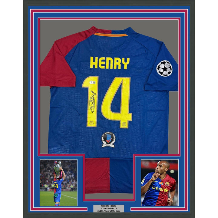 Framed Autographed/Signed Thierry Henry 35x39 FC Barcelona Blue Jersey COA