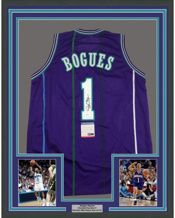 FRAMED Autographed/Signed MUGGSY BOGUES 33x42 Charlotte Purple Jersey PSA COA