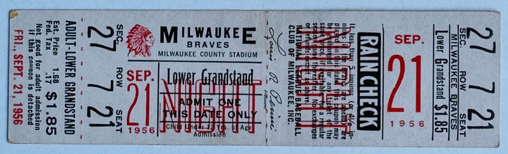 September 21 1956 Milwaukee Braves vs Chicago Cubs Full Ticket