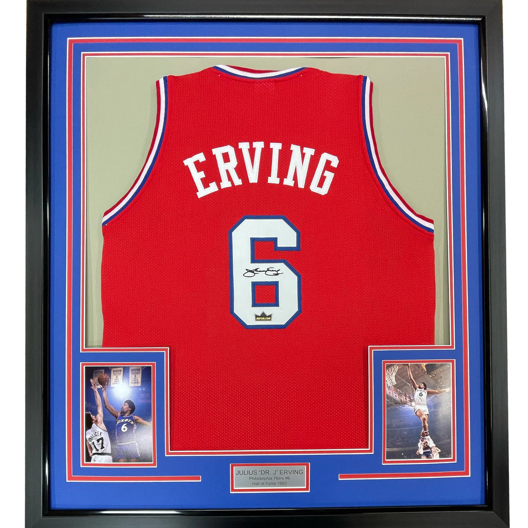 Framed Facsimile Autographed Julius Dr. J Erving 33x42 Red Reprint Auto Jersey