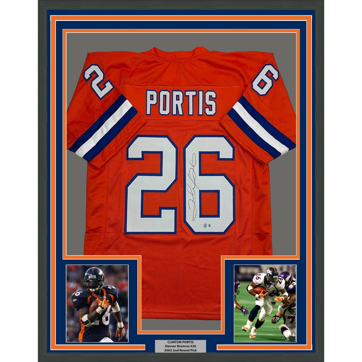Framed Autographed/Signed Clinton Portis 35x39 Denver Orange Jersey BAS COA