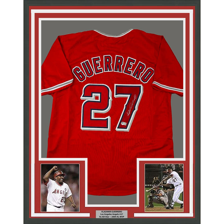 Framed Autographed/Signed Vladimir Vlad Guerrero 33x42 LA Red Jersey COA
