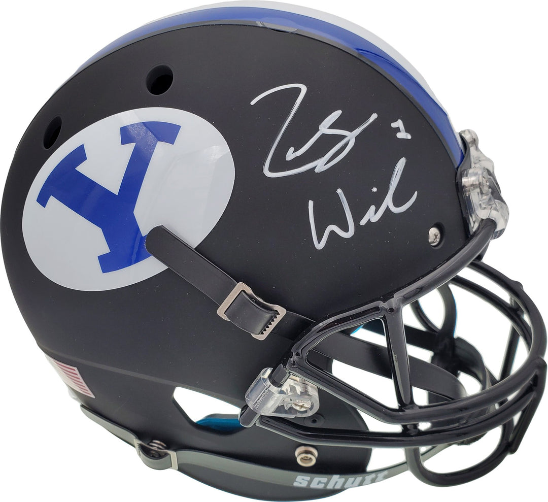 Zach Wilson Signed BYU Cougars Matte Black Schutt Full Size Replica Helmet
