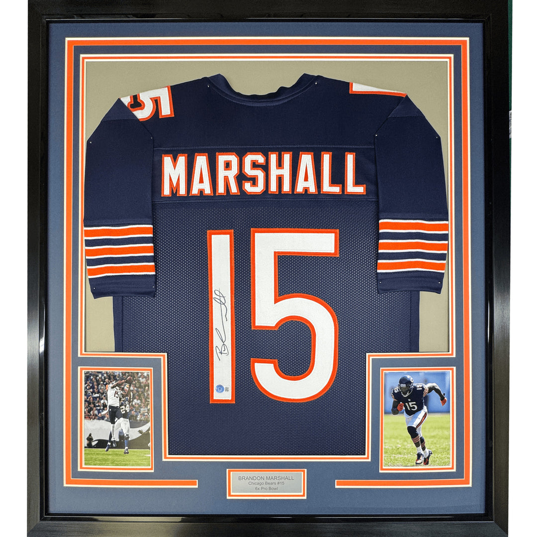 Framed Autographed/Signed Brandon Marshall 35x39 Chicago Blue Jersey COA