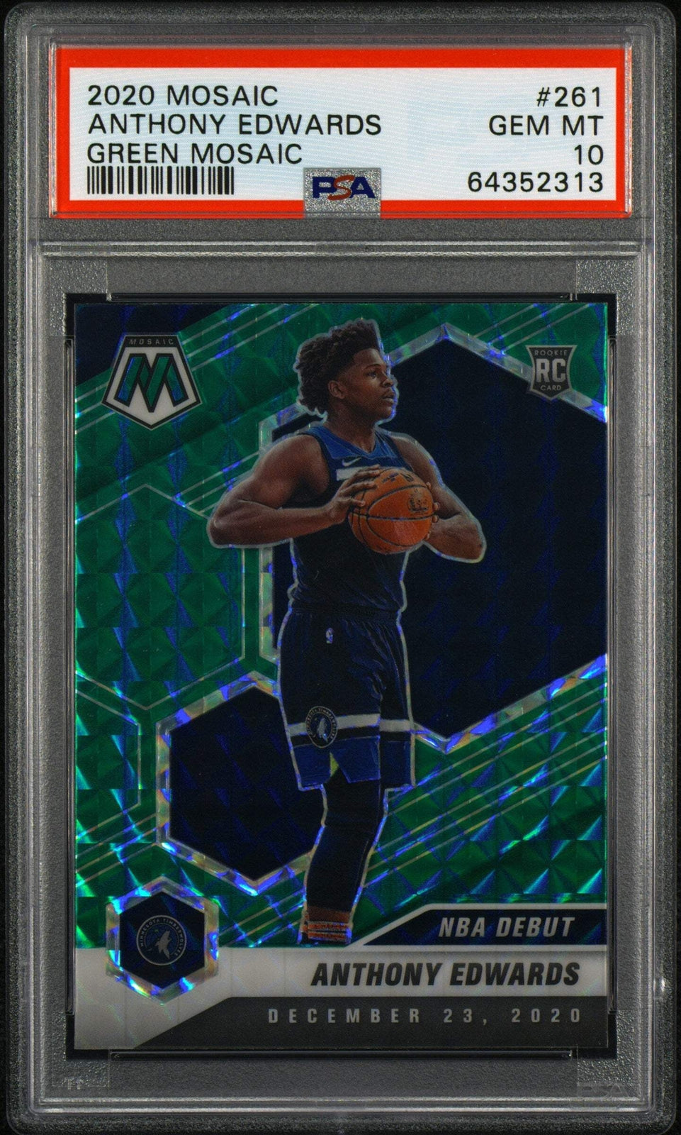 Graded 2020 Mosaic Anthony Edwards #261 Green Mosaic RC Basketball Card PSA 10