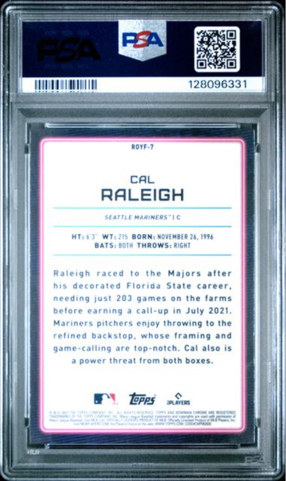 Graded 2022 Topps Bowman Mega Box Cal Raleigh #7 Chrome ROY Rookie Card PSA 10