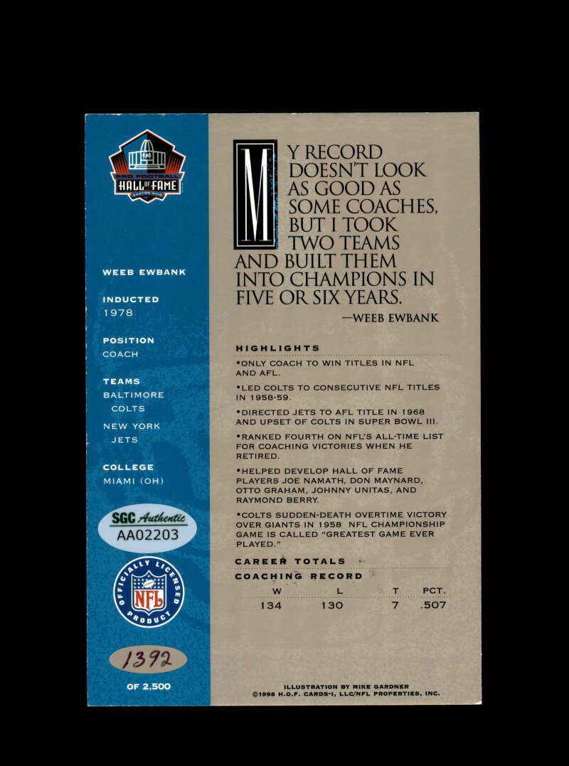 Webb Ewbank SGC Nm Mt 8 1998 HOF Signature Series New York Jets Autograph