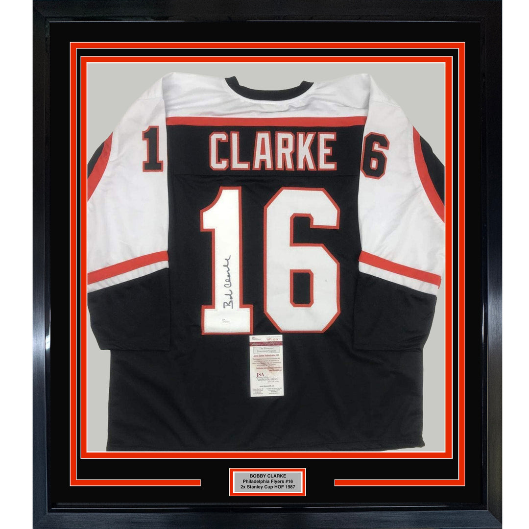 Framed Autographed/Signed Bob Bobby Clarke 35x39 Philadelphia Jersey JSA COA