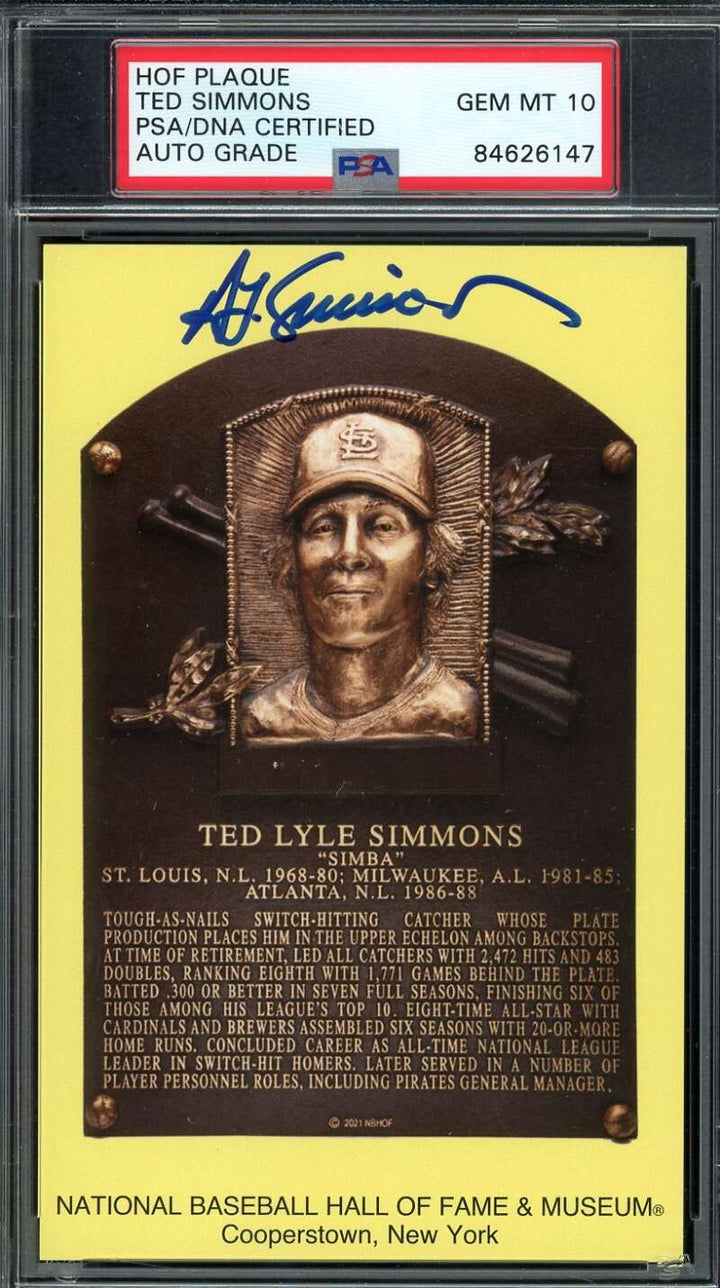 Ted Simmons Gem Mint 10 PSA DNA Signed Gold Hall of Fame Plaque Postcard Auto