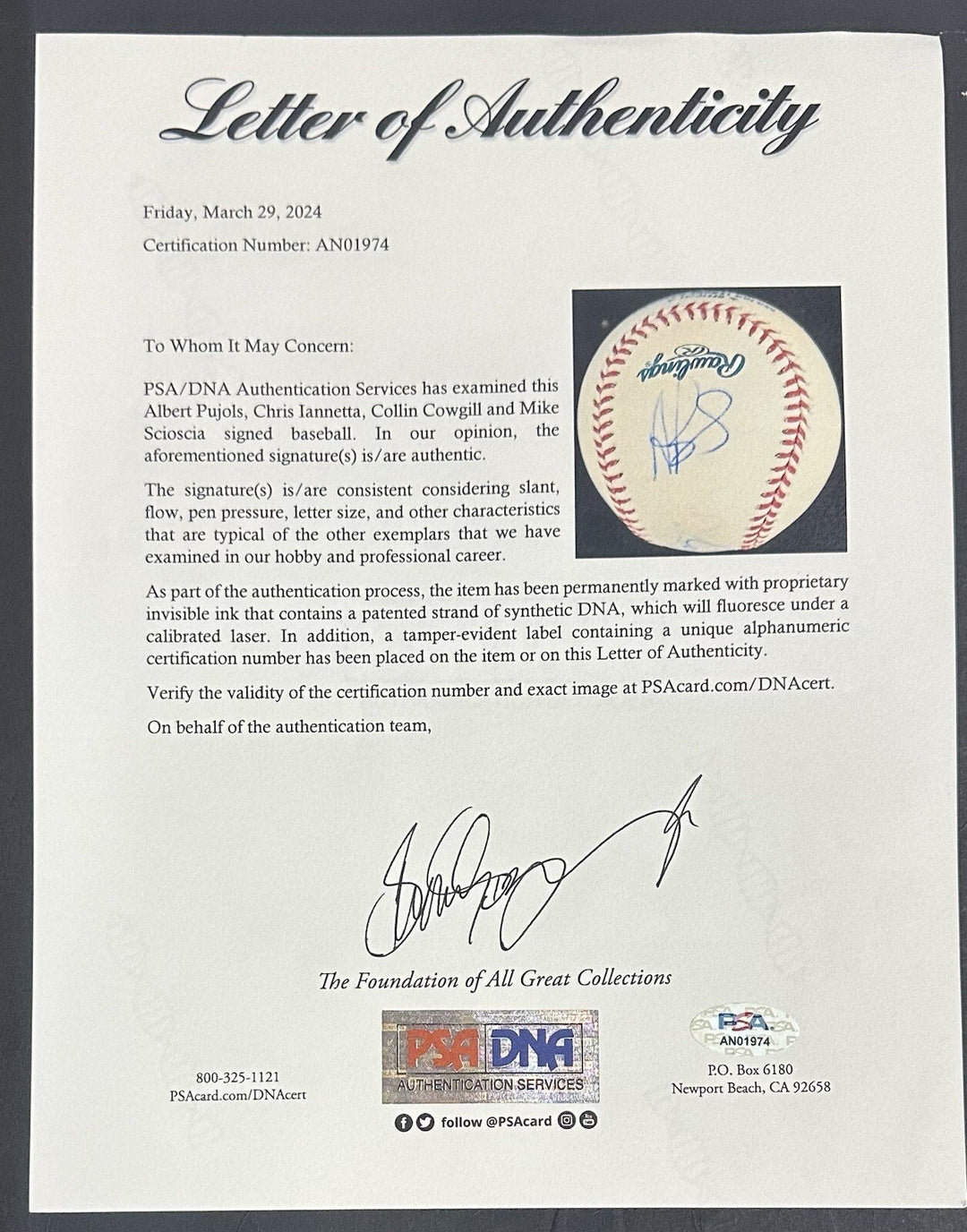 Albert Pujols Signed Official MLB Baseball LA Angels Scioscia 4 Auto PSA LOA