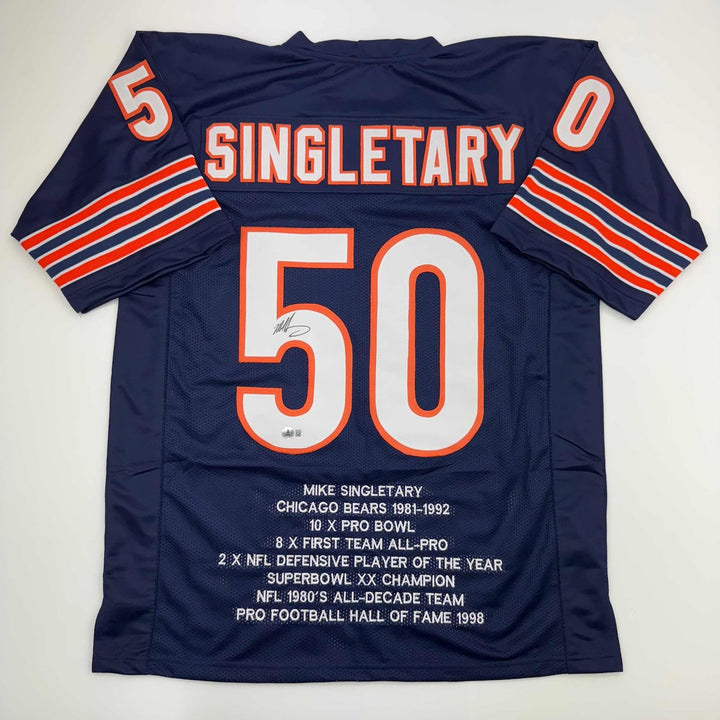 Autographed/Signed Mike Singletary HOF 98 Chicago Blue Stat Jersey JSA COA