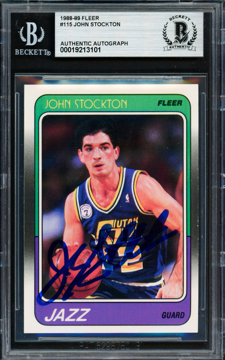 John Stockton Signed 1988-89 Fleer RC 115 Utah Jazz Beckett