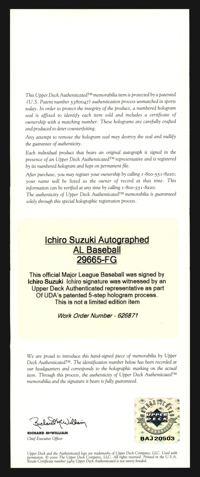 Ichiro Suzuki Signed MLB Baseball Mariners Vintage 2003 Sig UDA #BAJ20503