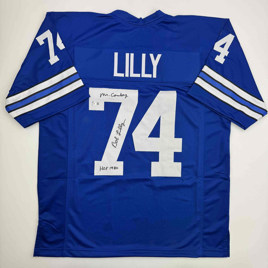 Autographed/Signed BOB LILLY HOF 80 Dallas Retro Blue Football Jersey JSA COA