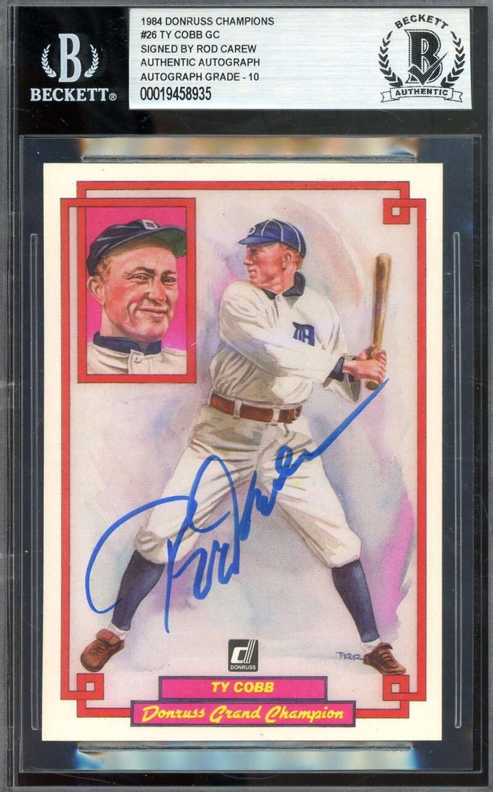Rod Carew Gem Mint 10 Beckett BAS Signed 1984 Donruss Champions Ty Cobb Auto