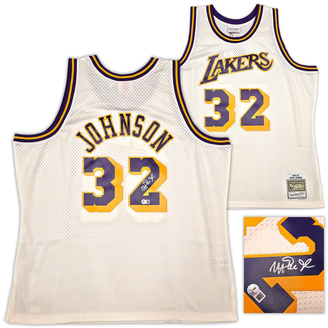 Lakers Magic Johnson Auto Cream Mitchell & Ness 1984 Swingman Jersey XXL Beckett