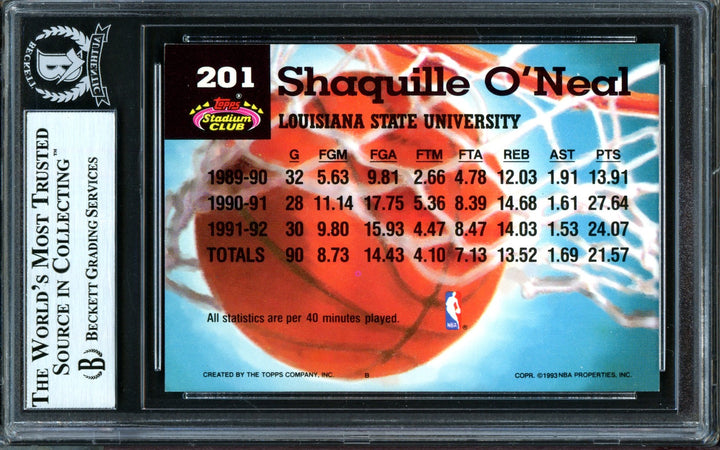 Shaquille O'Neal Signed 1992-93 Stadium Club Members Choice RC 201 Magic Beckett