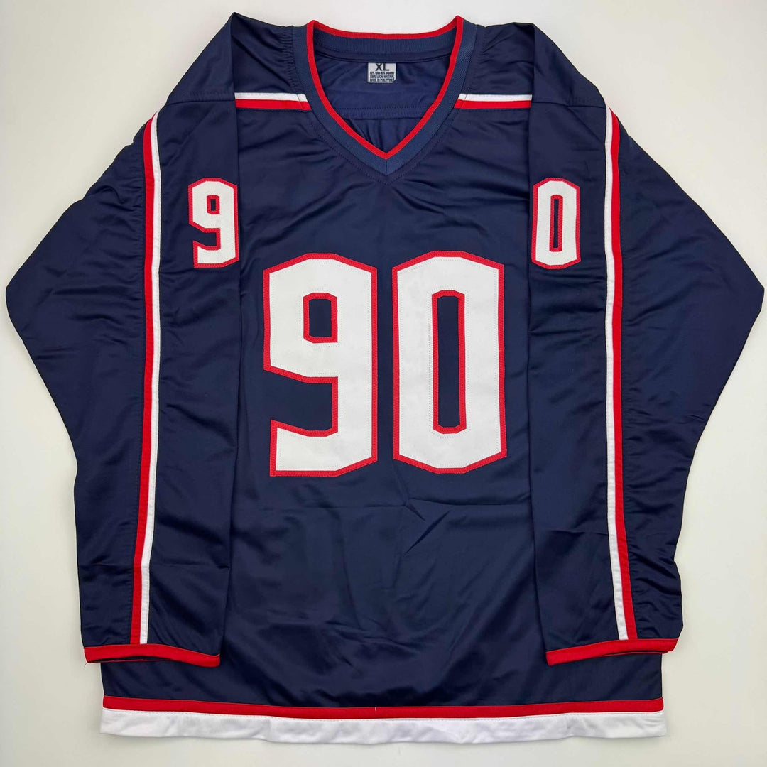 Autographed/Signed Elvis Merzlikins Columbus Blue Jersey Beckett BAS COA