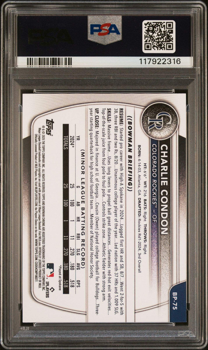 Graded 2025 Topps Bowman Charlie Condon #BP75 Paper Rookie Baseball Card PSA 10