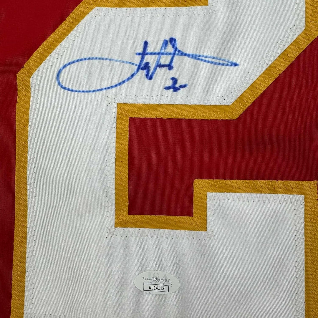 Framed Autographed/Signed Joe Nieuwendyk 35x39 Calgary Red Jersey JSA COA