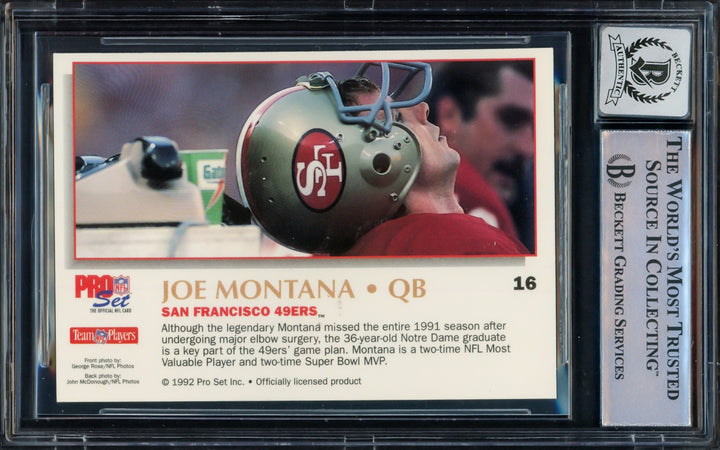 Joe Montana Signed 1992 Pro Set Power Card 16 49ers Auto GM 10 Beckett