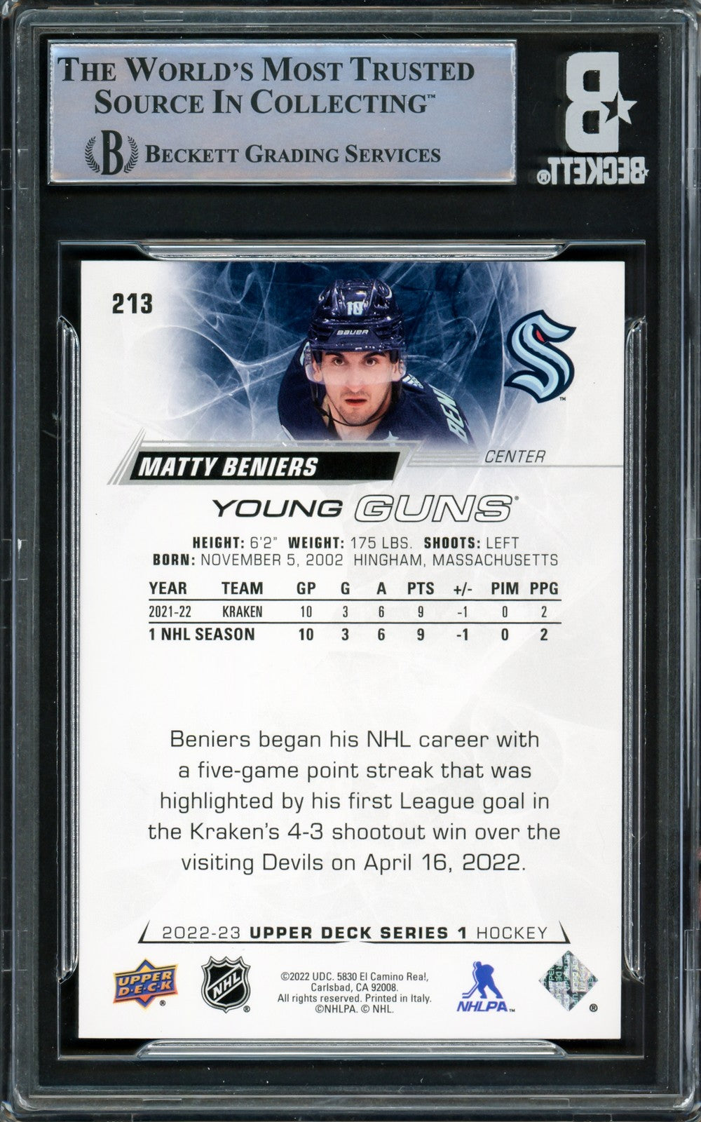 Matty Beniers Signed 2022 Upper Deck Young Guns RC 213 Seattle Kraken Beckett
