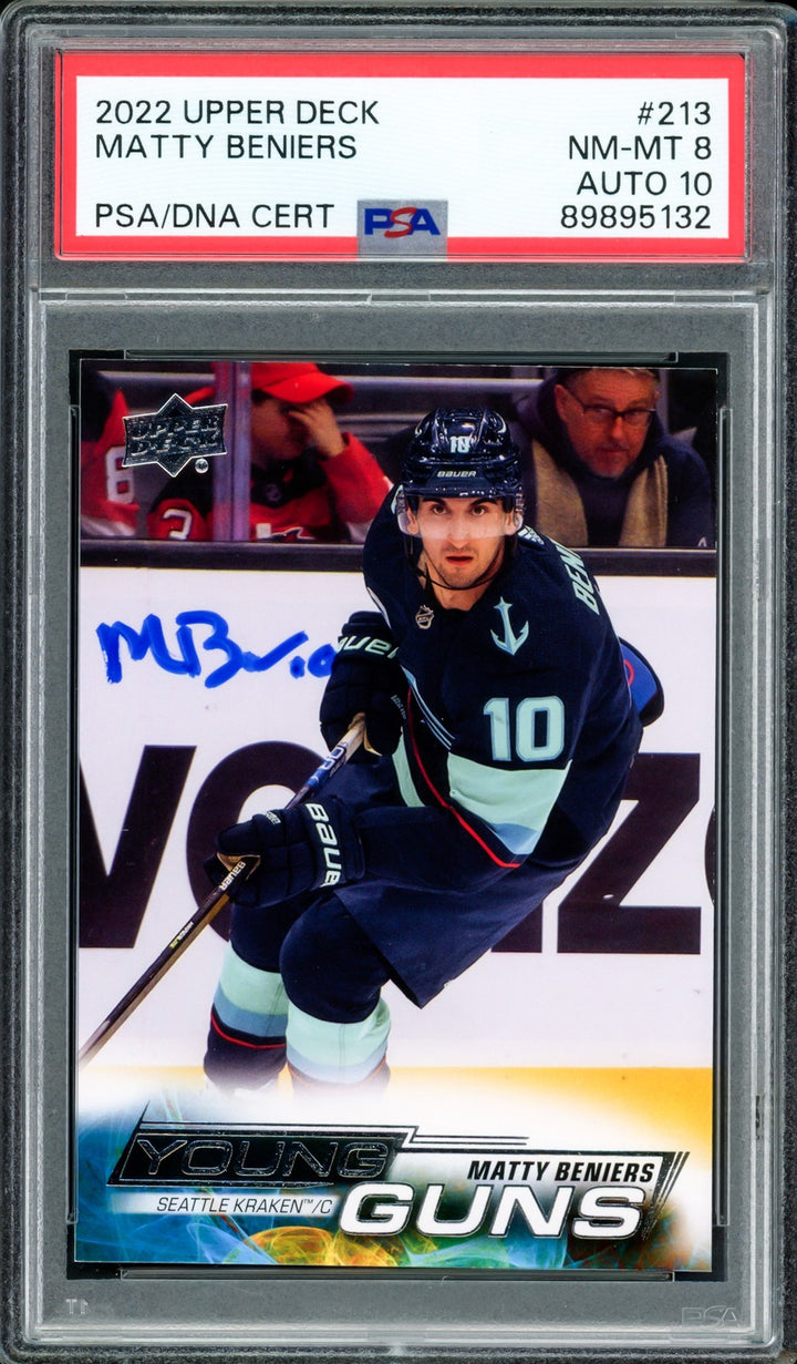 Matty Beniers Auto 2022 Upper Deck Young Guns RC 213 Kraken PSA 8 Sig 10 PSA/DNA