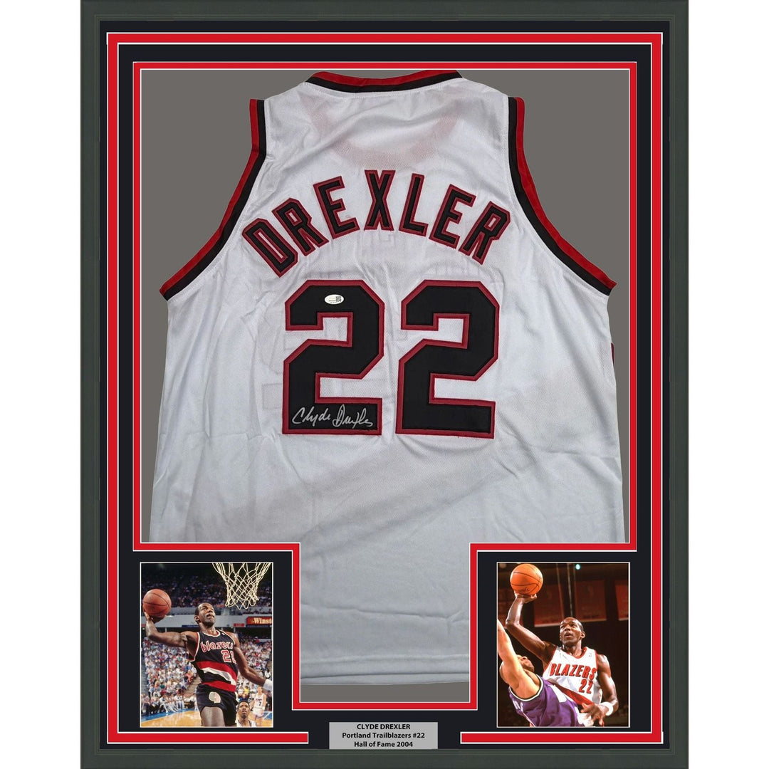 Framed Autographed/Signed Clyde Drexler 35x39 Portland White Jersey JSA COA