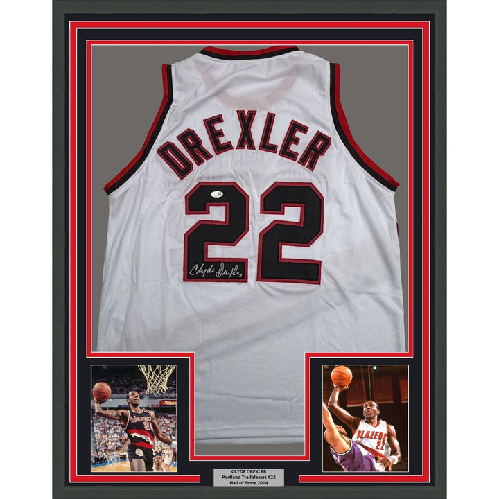 Framed Autographed/Signed Clyde Drexler 35x39 Portland White Jersey JSA COA