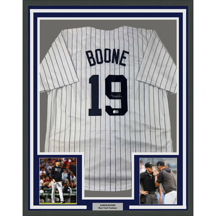 Framed Autographed/Signed Aaron Boone 33x42 Pinstripe Jersey BAS COA