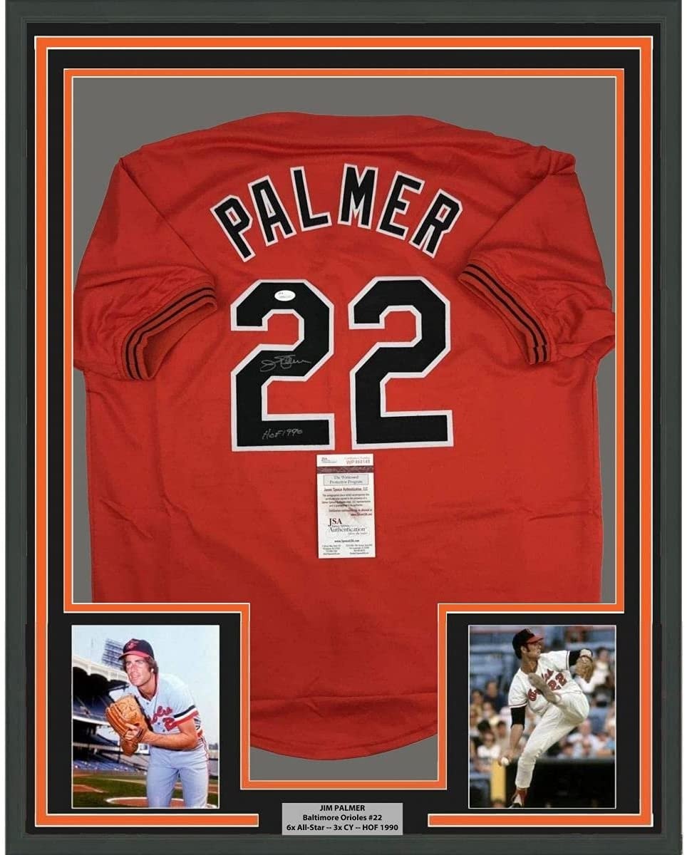 FRAMED Signed JIM PALMER 35x39 Baltimore Orange Jersey JSA COA Auto