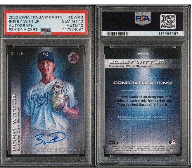 2022 BOWMAN TRANSCENDENT VIP PARTY BOBBY WITT JR Rc PSA 10 &10 Gem Mint Auto /50